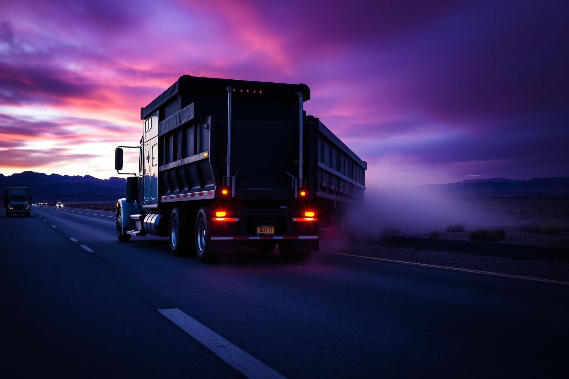 ALLOUT Trucking semi truck on a desert highway at dusk